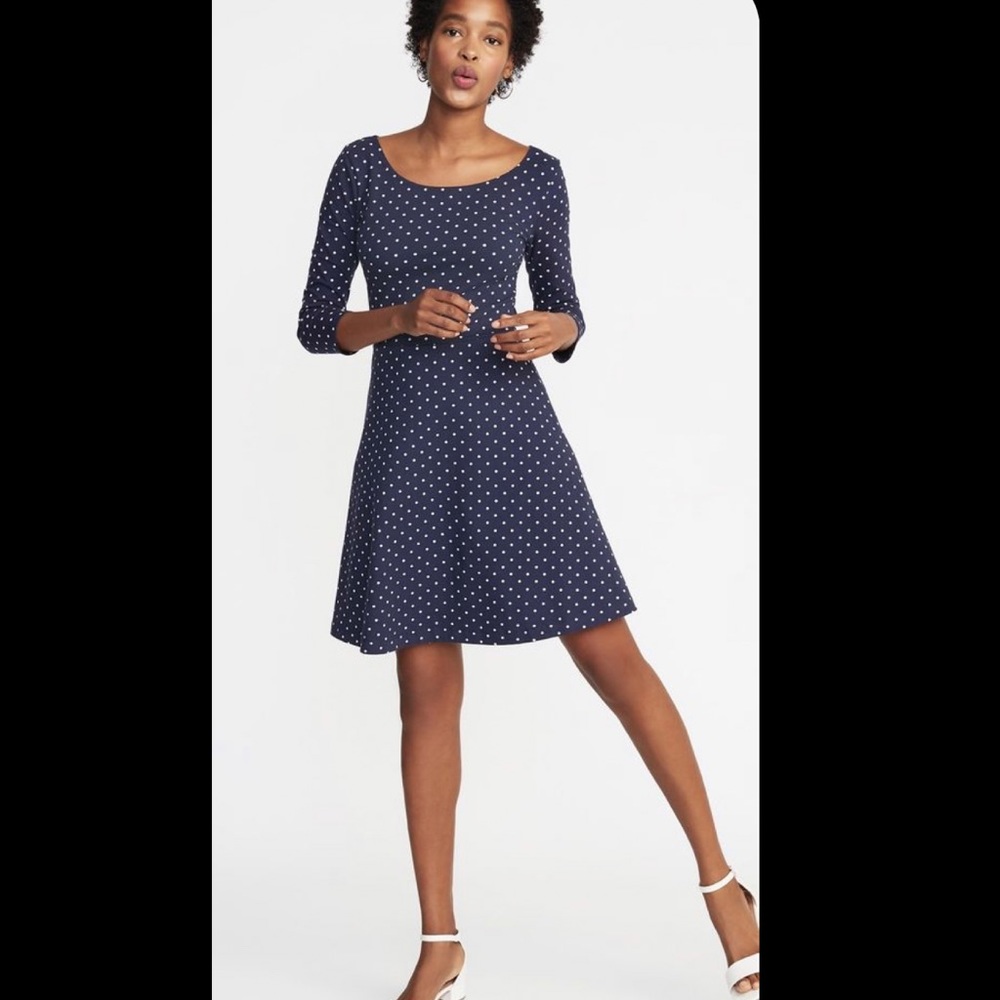 Old Navy Navy Polka Dot A-line 3/4 Sleeve Dress Size: Small-Tall